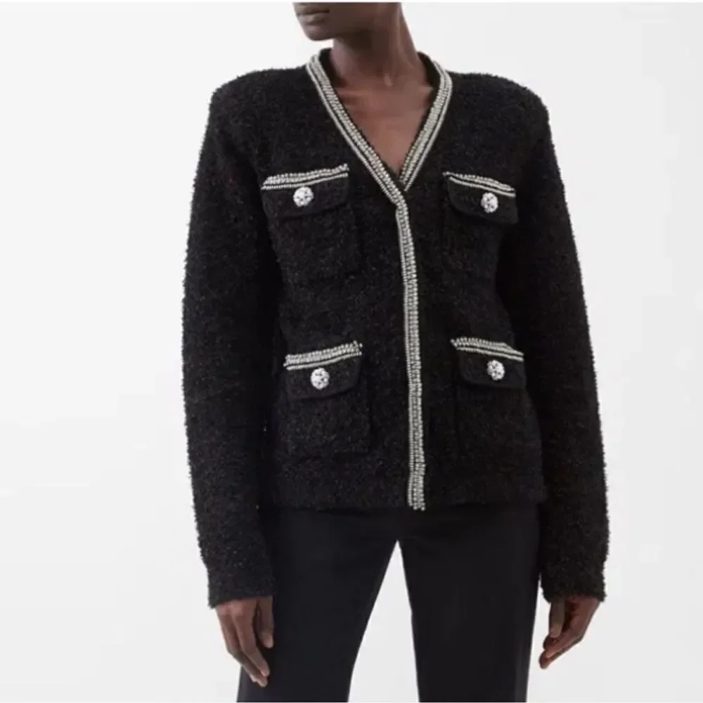 SELF-PORTRAIT Black Tape Knit Crystal-Embellished Bouclé Cardigan